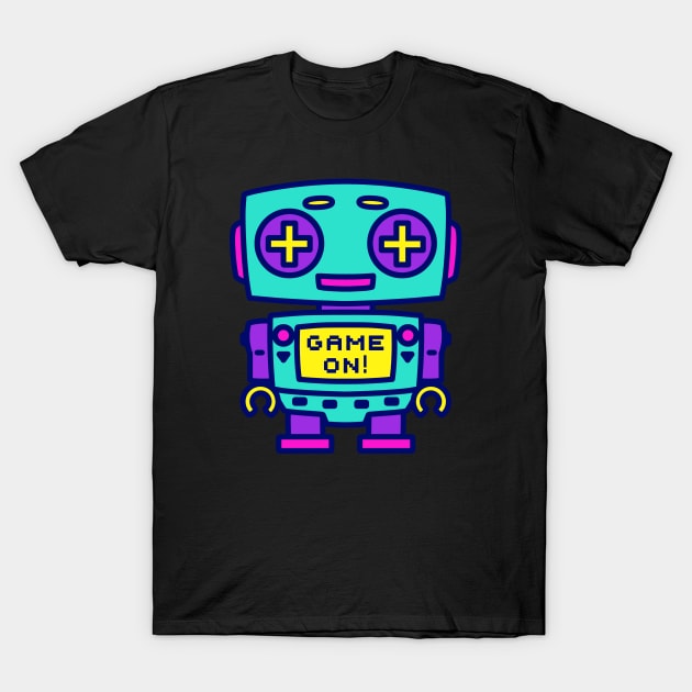 GAME ON neon robot T-Shirt by Red_Flare_Art